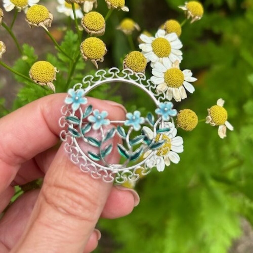 BEAU STERLING Silver Filigree Blue Enamel Flower BROOCH